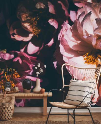 Donker bloemen roze bloemen behang