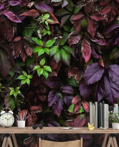 Lilla og grønn Mørk Leaf Bakgrunn Mural