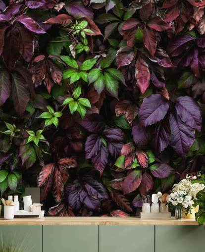 Purple and Green Dark Leaf Wallpaper Mural