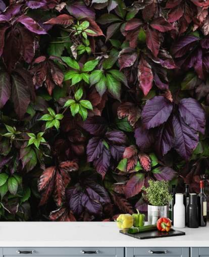 Lilla og Green Dark Leaf Wallpaper Mural