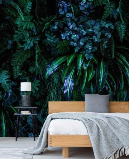 tummansininen ja vihreä mukautettu trooppinen taustakuvamaalaus nimeltä Luscious Tropical Wall makuuhuoneisiin