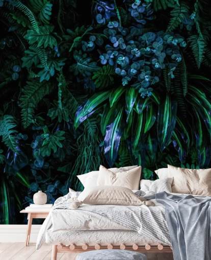 mörkblå och grön anpassad tropisk tapet väggmålning kallad Luscious Tropical Wall för sovrum