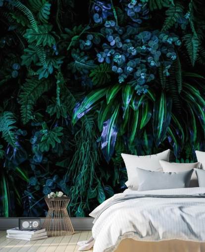 dunkelblaues und grünes kundenspezifisches tropisches Tapeten-Wandbild namens Luscious Tropical Wall für Schlafzimmer