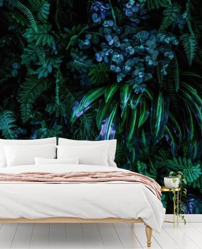 tummansininen ja vihreä mukautettu trooppinen taustakuvamaalaus nimeltä Luscious Tropical Wall makuuhuoneisiin