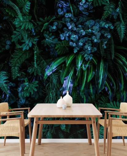 mural de papel pintado tropical personalizado azul oscuro y verde llamado Luscious Tropical Wall para dormitorios