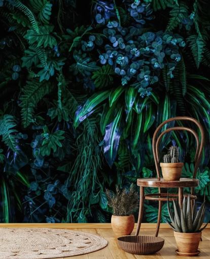 donkerblauwe en groene tropische behangmuurschildering op maat genaamd Luscious Tropical Wall voor slaapkamers