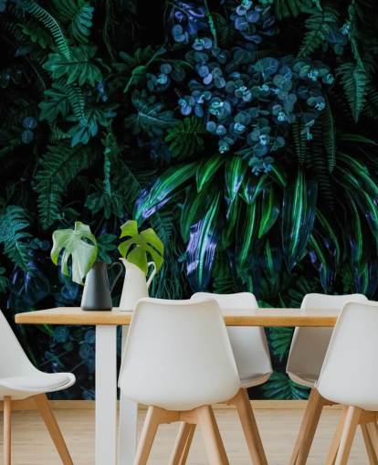 mørkeblå og grøn brugerdefineret tropisk tapetmaleri kaldet Luscious Tropical Wall til soveværelser