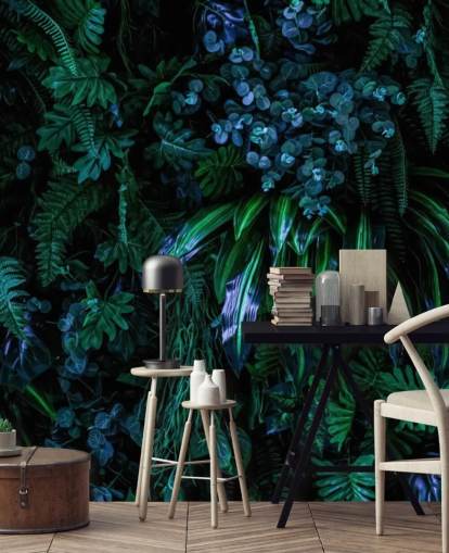 mural de papel pintado tropical personalizado azul oscuro y verde llamado Luscious Tropical Wall para dormitorios