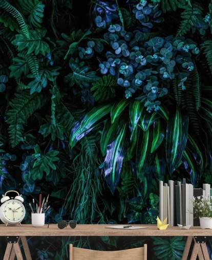 tummansininen ja vihreä mukautettu trooppinen taustakuvamaalaus nimeltä Luscious Tropical Wall makuuhuoneisiin