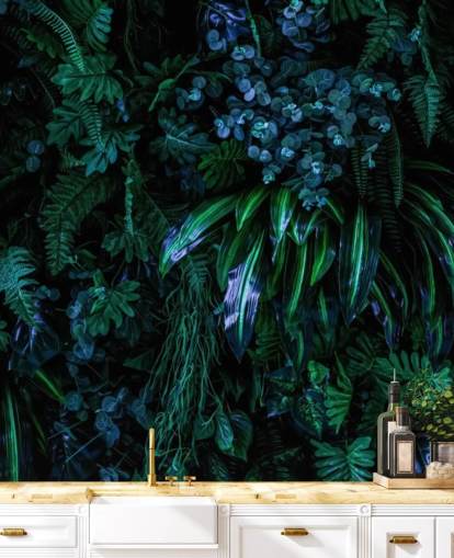 mural de papel de parede tropical personalizado em azul escuro e verde chamado Luscious Tropical Wall para quartos mural de papel de parede tropical personalizado em azul escuro e verde chamado Luscious Tropical Wall para quartos
