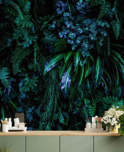 mørkeblå og grønn tilpasset tropisk tapet veggmaleri kalt Luscious Tropical Wall for soverom