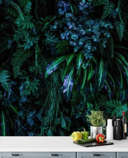 tummansininen ja vihreä mukautettu trooppinen taustakuvamaalaus nimeltä Luscious Tropical Wall makuuhuoneisiin