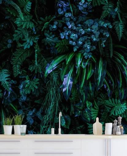 mural de papel de parede tropical personalizado em azul escuro e verde chamado Luscious Tropical Wall para quartos