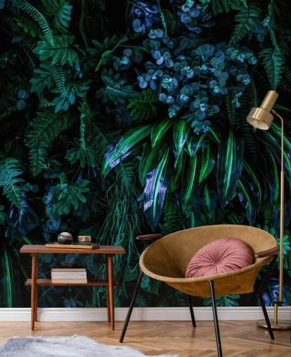 mural de papel pintado tropical personalizado azul oscuro y verde llamado Luscious Tropical Wall para dormitorios