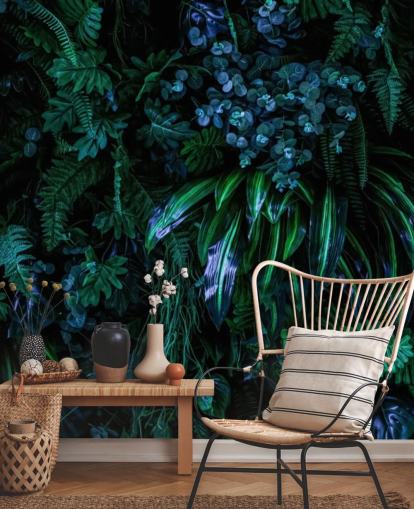 dunkelblaues und grünes kundenspezifisches tropisches Tapeten-Wandbild namens Luscious Tropical Wall für Schlafzimmer