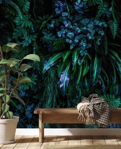 mural de papel de parede tropical personalizado em azul escuro e verde chamado Luscious Tropical Wall para quartos