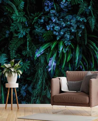 tummansininen ja vihreä mukautettu trooppinen taustakuvamaalaus nimeltä Luscious Tropical Wall makuuhuoneisiin