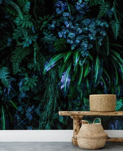 tummansininen ja vihreä mukautettu trooppinen taustakuvamaalaus nimeltä Luscious Tropical Wall makuuhuoneisiin