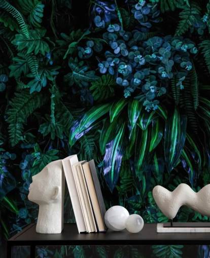 mörkblå och grön anpassad tropisk tapet väggmålning kallad Luscious Tropical Wall för sovrum