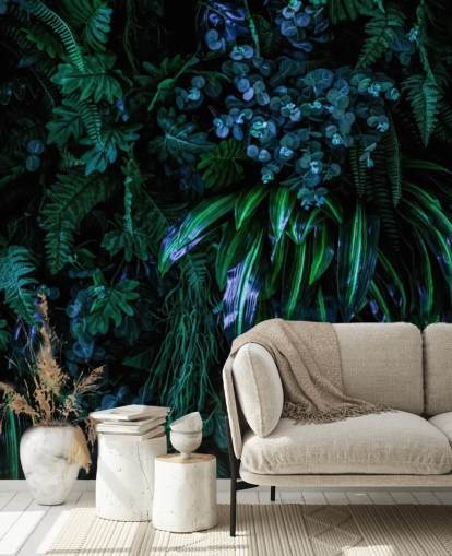 mural de papel pintado tropical personalizado azul oscuro y verde llamado Luscious Tropical Wall para dormitorios mural de papel pintado tropical personalizado azul oscuro y verde llamado Luscious Tropical Wall para dormitorios