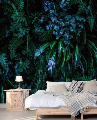 tummansininen ja vihreä mukautettu trooppinen taustakuvamaalaus nimeltä Luscious Tropical Wall makuuhuoneisiin