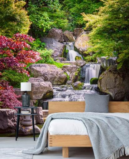 japanese style garden with waterfall wallpaper