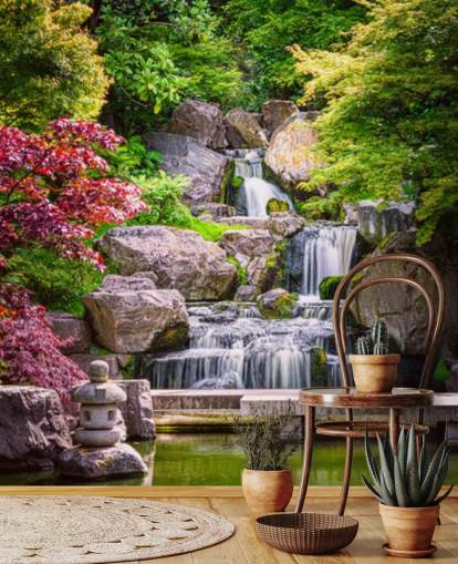 jardim de estilo japonês com papel de parede cachoeira jardim de estilo japonês com papel de parede cachoeira