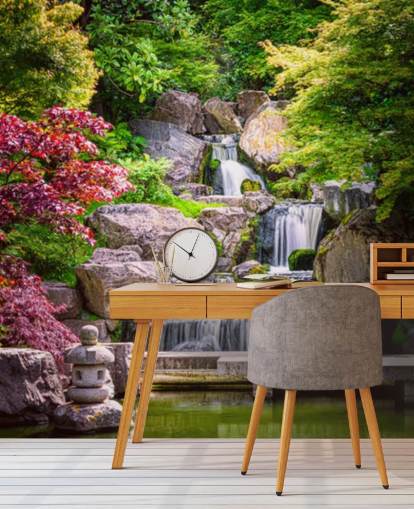 japanese style garden with waterfall wallpaper