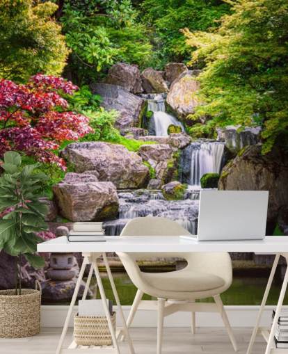 japanese style garden with waterfall wallpaper