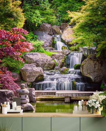 japansk stil have med vandfald tapet