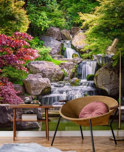 jardim de estilo japonês com papel de parede cachoeira jardim de estilo japonês com papel de parede cachoeira
