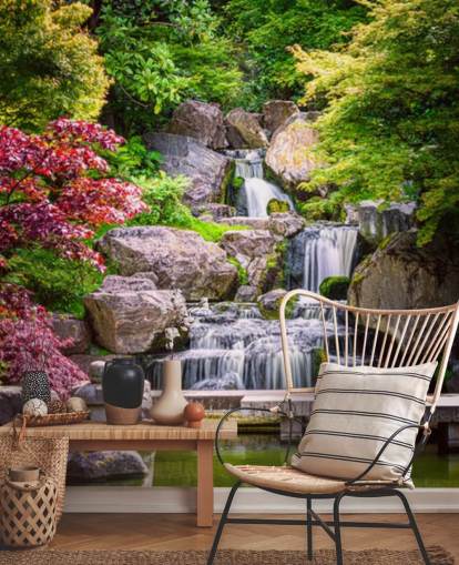 jardim de estilo japonês com papel de parede cachoeira