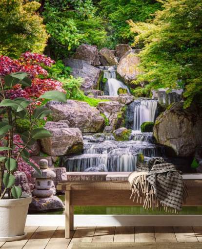 Garten im japanischen Stil mit Wasserfall Tapete