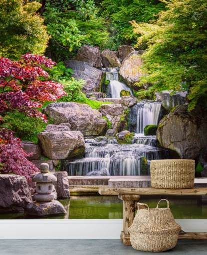 japansk stil have med vandfald tapet