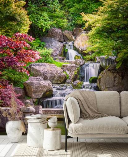 jardim de estilo japonês com papel de parede cachoeira