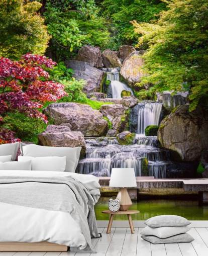 japansk stil trädgård med vattenfall tapeter