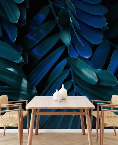Papel de pared Hoja de palmera azul oscuro y verde