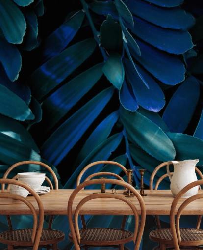 Dark Blue and Green Palm Leaf Wallpaper