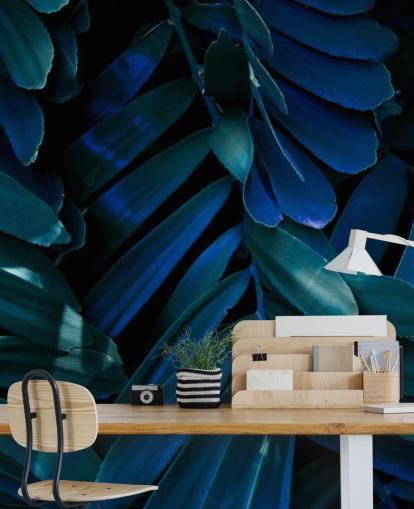 Papel de pared Hoja de palmera azul oscuro y verde