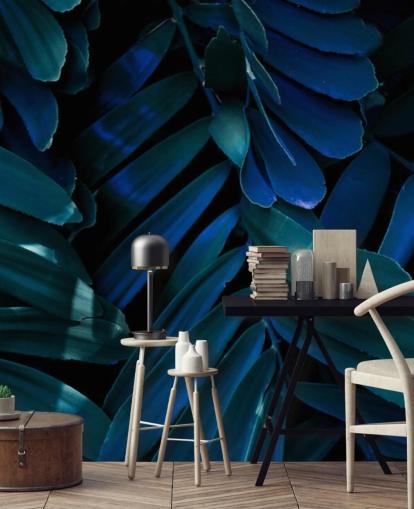 Dark Blue and Green Palm Leaf Wallpaper