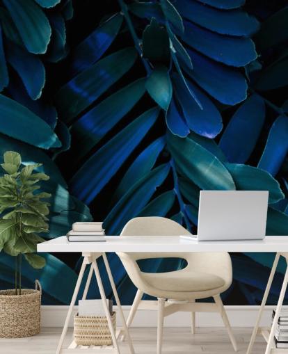 Dark Blue and Green Palm Leaf Wallpaper