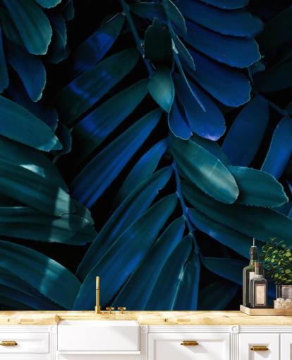 Dark Blue and Green Palm Leaf Wallpaper