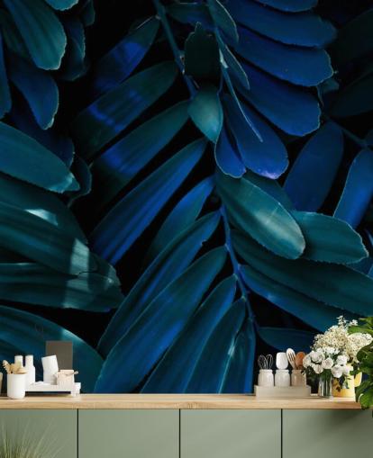 Dark Blue and Green Palm Leaf Wallpaper