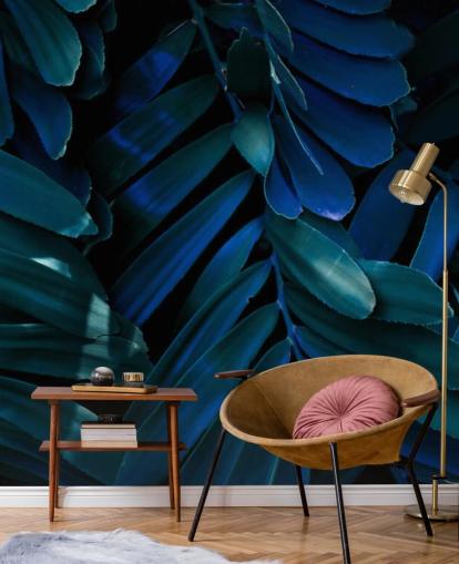 Dark Blue and Green Palm Leaf Wallpaper