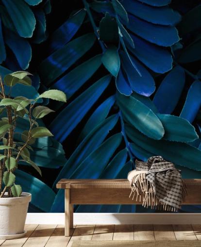 Donkerblauw en groen palmbladbehang Donkerblauw en groen palmbladbehang