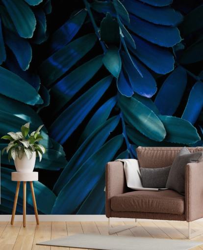Dark Blue and Green Palm Leaf Wallpaper