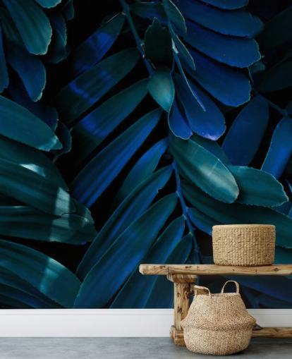 Papel de pared Hoja de palmera azul oscuro y verde