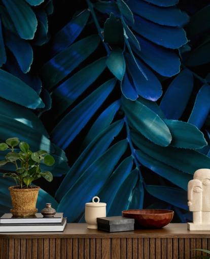 Papel de pared Hoja de palmera azul oscuro y verde