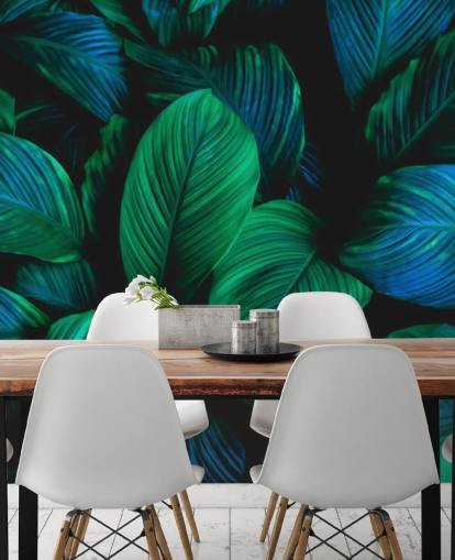 Papier peint feuille verte et bleue