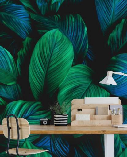 Papel pintado Hoja verde y azul